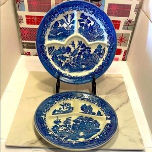 Vintage Antique Set of 2 Grill Blue Willow Divided Dinner Plates. Made in Japan